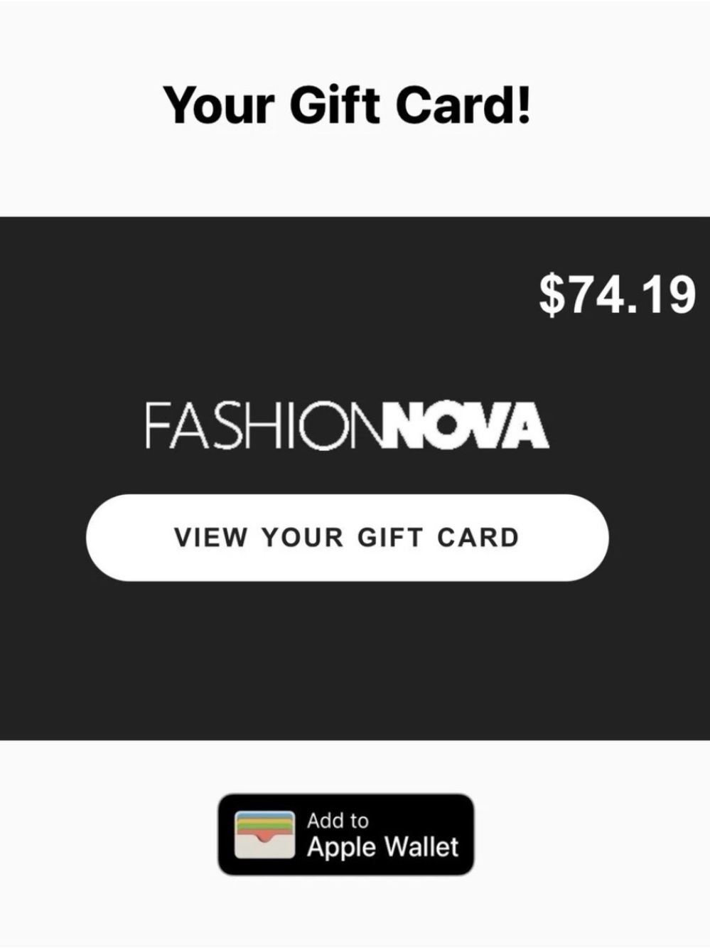 Fashion Nova $74.19 Digital Gift Card